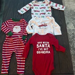 Lot of 4 infant boys 12 month Christmas pjs little red truck grandma body suits